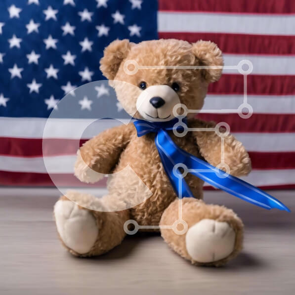 Intra Συλλεκτικό Ξύλινο Παζλ Plywood  4mm - Αρκουδάκι με αμερικανική σημαία και μπλε κορδέλα Σε Ξύλινο Κουτί - Διαστάσεις: 10x10 cm – 25 κομμάτια