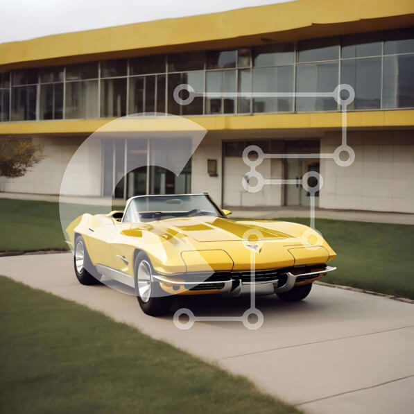 Intra Συλλεκτικό Ξύλινο Παζλ Plywood  4mm - Vintage κίτρινο κάμπριο αυτοκίνητο μπροστά από το σύγχρονο κτήριο Σε Ξύλινο Κουτί - Διαστάσεις Puzzle: 10x10 cm – 25 κομμάτια