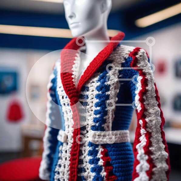 Σετ των 2 Intra Συλλεκτικό Ξύλινο Παζλ Plywood  4mm - Κροσέ Κόκκινο, Λευκό και Μπλε μπουφάν που εμφανίζεται στο μανεκέν Σε Ξύλινο Κουτί - Διαστάσεις: 10x10 cm – 25 κομμάτια