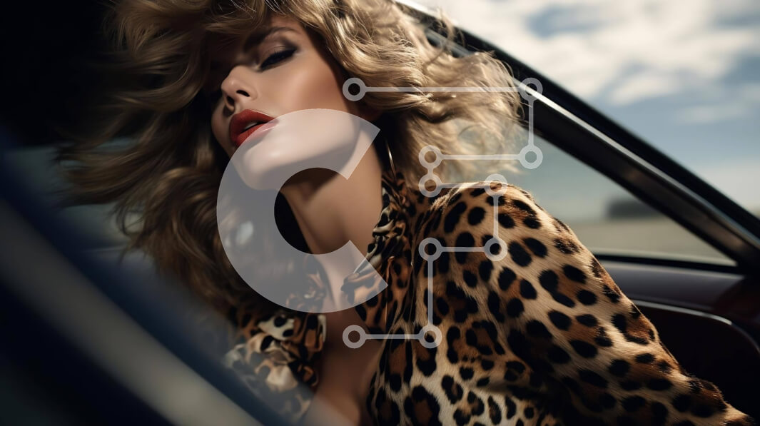 Intra Συλλεκτικό Ξύλινο Παζλ Plywood  4mm - Κομψή γυναίκα με φόρεμα Animal Print που γέρνει έξω από το παράθυρο του αυτοκινήτου Σε Ξύλινο Κουτί - Διαστάσεις Puzzle: 10x10 cm – 25 κομμάτια