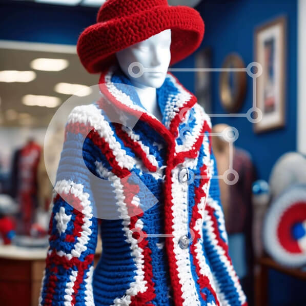 Σετ των 2 Intra Συλλεκτικό Ξύλινο Παζλ Plywood  4mm - Στολή με κροσέ εμπνευσμένη από την αμερικανική σημαία σε μανεκέν Σε Ξύλινο Κουτί - Διαστάσεις: 10x10 cm – 25 κομμάτια