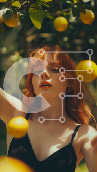 Σετ των 2 Intra Συλλεκτικό Ξύλινο Παζλ Plywood  4mm - Γυναίκα με κόκκινα μαλλιά που μαζεύει λεμόνια κοντά στην πορτοκαλιά Σε Ξύλινο Κουτί - Διαστάσεις: 10x10 cm – 25 κομμάτια