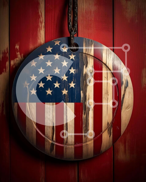 Intra Συλλεκτικό Ξύλινο Παζλ Plywood  4mm - Πιάτο αμερικανικής σημαίας στον κόκκινο ξύλινο τοίχο Σε Ξύλινο Κουτί - Διαστάσεις Puzzle: 10x10 cm – 25 κομμάτια