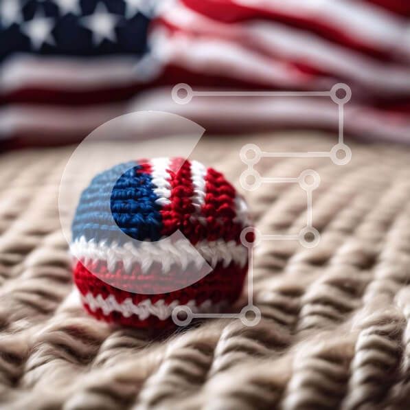 Intra Συλλεκτικό Ξύλινο Παζλ Plywood  4mm - Κόκκινη, λευκή και μπλε κροσέ μπάλα με μοτίβο αμερικανικής σημαίας στο κρεβάτι Σε Ξύλινο Κουτί - Διαστάσεις: 10x10 cm – 25 κομμάτια