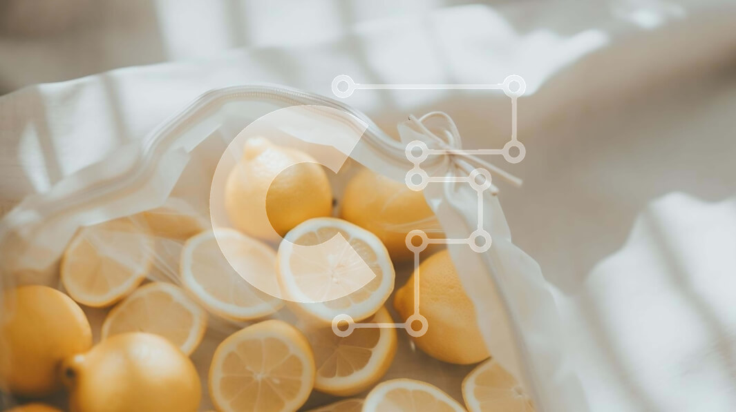 Σετ των 2 Intra Συλλεκτικό Ξύλινο Παζλ Plywood  4mm - Φρέσκα λεμόνια σε μια τσάντα στο τραπέζι με λευκές κουρτίνες Σε Ξύλινο Κουτί - Διαστάσεις: 10x10 cm – 25 κομμάτια