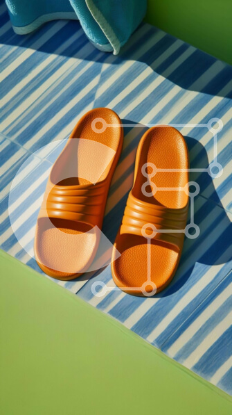 Intra Συλλεκτικό Ξύλινο Παζλ Plywood  4mm - Πορτοκαλί σανδάλια και σαγιονάρες σε ριγέ επιφάνεια Σε Ξύλινο Κουτί - Διαστάσεις Puzzle: 10x10 cm – 25 κομμάτια