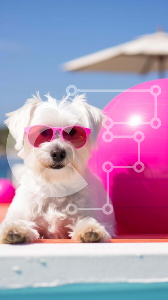 Σετ των 2 Intra Συλλεκτικό Ξύλινο Παζλ Plywood  4mm - Λευκό σκυλί με γυαλιά ηλίου σε ροζ μπάλα Σε Ξύλινο Κουτί - Διαστάσεις: 10x10 cm – 25 κομμάτια