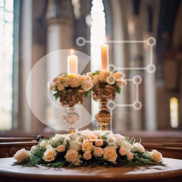 Intra Συλλεκτικό Ξύλινο Παζλ Plywood  4mm - Κηροπήγια σε μια εκκλησία με λευκά και χρυσά λουλούδια Σε Ξύλινο Κουτί - Διαστάσεις Puzzle: 10x10 cm – 25 κομμάτια