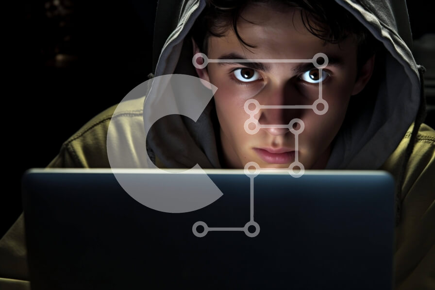 Intra Συλλεκτικό Ξύλινο Παζλ Plywood  4mm - Νεαρός άνδρας που χρησιμοποιεί φορητό υπολογιστή στο σκοτάδι Σε Ξύλινο Κουτί - Διαστάσεις Puzzle: 10x10 cm – 25 κομμάτια