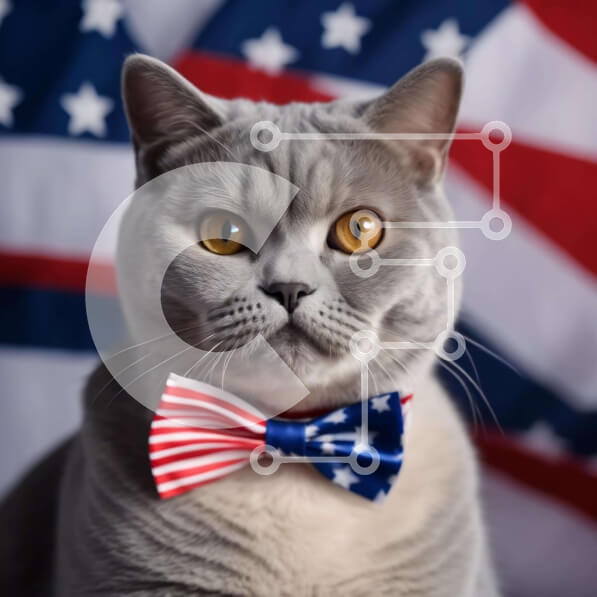 Intra Συλλεκτικό Ξύλινο Παζλ Plywood  4mm - Γκρι γάτα με παπιγιόν με αμερικανική σημαία Σε Ξύλινο Κουτί - Διαστάσεις: 10x10 cm – 25 κομμάτια