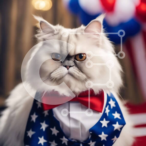 Intra Συλλεκτικό Ξύλινο Παζλ Plywood  4mm - Λευκή γάτα με στολή αμερικανικής σημαίας με μπαλόνια Σε Ξύλινο Κουτί - Διαστάσεις: 10x10 cm – 25 κομμάτια