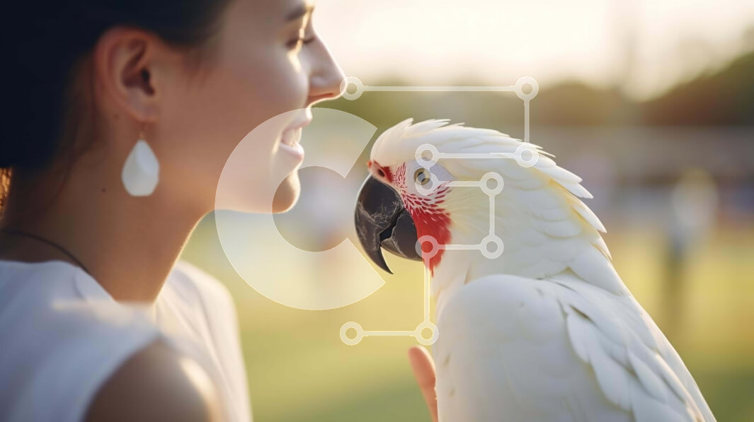 Intra Συλλεκτικό Ξύλινο Παζλ Plywood  4mm - Χαμογελαστή γυναίκα που αλληλεπιδρά με τον φιλικό λευκό παπαγάλο Σε Ξύλινο Κουτί - Διαστάσεις: 10x10 cm – 25 κομμάτια