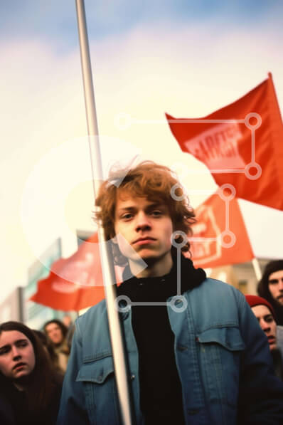 Intra Συλλεκτικό Ξύλινο Παζλ Plywood  4mm - Νεαρός άνδρας με σγουρά μαλλιά κρατώντας κόκκινες σημαίες Σε Ξύλινο Κουτί - Διαστάσεις Puzzle: 10x10 cm – 25 κομμάτια