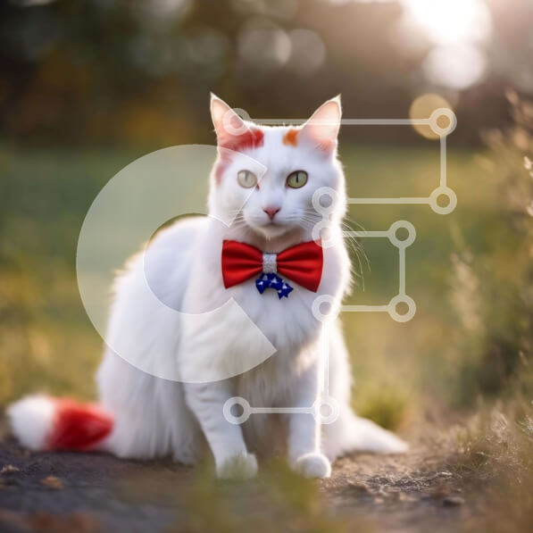 Intra Συλλεκτικό Ξύλινο Παζλ Plywood  4mm - Λευκή γάτα με παπιγιόν με αμερικανική σημαία σε εξωτερικούς χώρους Σε Ξύλινο Κουτί - Διαστάσεις: 10x10 cm – 25 κομμάτια