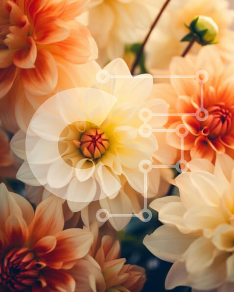 Intra Συλλεκτικό Ξύλινο Παζλ Plywood  4mm - Κοντινό πλάνο ανθισμένων λουλουδιών ντάλιας με πράσινο φύλλωμα Σε Ξύλινο Κουτί - Διαστάσεις: 10x10 cm – 25 κομμάτια