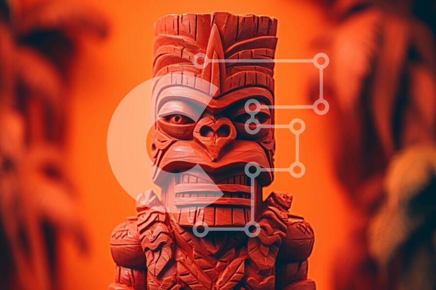 Intra Συλλεκτικό Ξύλινο Παζλ Plywood  4mm - Ξύλινο άγαλμα Tiki σε πορτοκαλί φόντο Σε Ξύλινο Κουτί - Διαστάσεις Puzzle: 10x10 cm – 25 κομμάτια