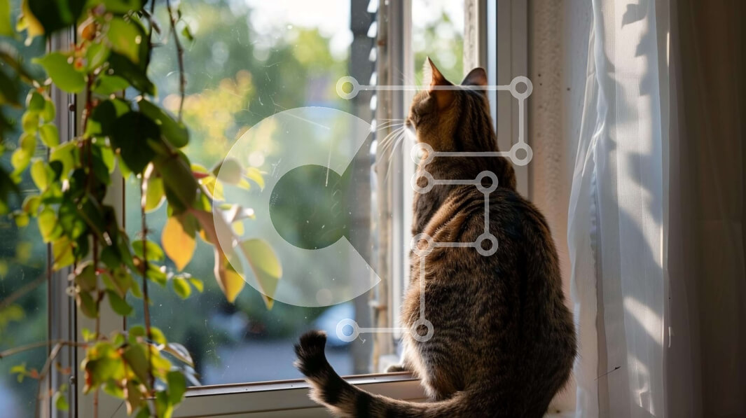 Σετ των 2 Intra Συλλεκτικό Ξύλινο Παζλ Plywood  4mm - Περίεργη γάτα στο περβάζι παραθύρου Σε Ξύλινο Κουτί - Διαστάσεις: 10x10 cm – 25 κομμάτια