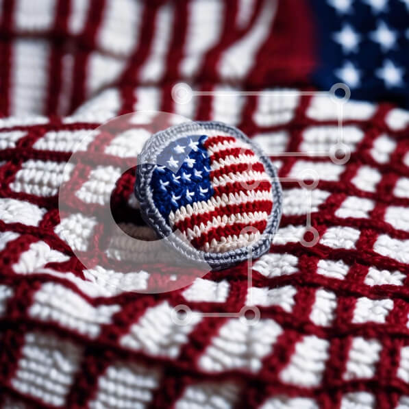 Intra Συλλεκτικό Ξύλινο Παζλ Plywood  4mm - Κόκκινο, λευκό και μπλε κροσέ κουμπί σε κουβέρτα με αμερικανική σημαία Σε Ξύλινο Κουτί - Διαστάσεις Puzzle: 10x10 cm – 25 κομμάτια