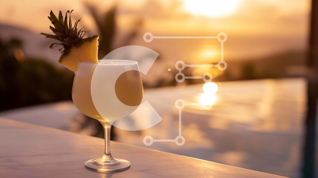 Σετ των 2 Intra Συλλεκτικό Ξύλινο Παζλ Plywood  4mm - Ποτήρι κρασί στο αίθριο με θέα στην πισίνα και το ηλιοβασίλεμα Σε Ξύλινο Κουτί - Διαστάσεις: 10x10 cm – 25 κομμάτια