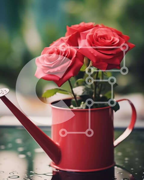 Intra Συλλεκτικό Ξύλινο Παζλ Plywood  4mm - Κόκκινα τριαντάφυλλα σε κόκκινο ποτιστήρι Σε Ξύλινο Κουτί - Διαστάσεις: 10x10 cm – 25 κομμάτια