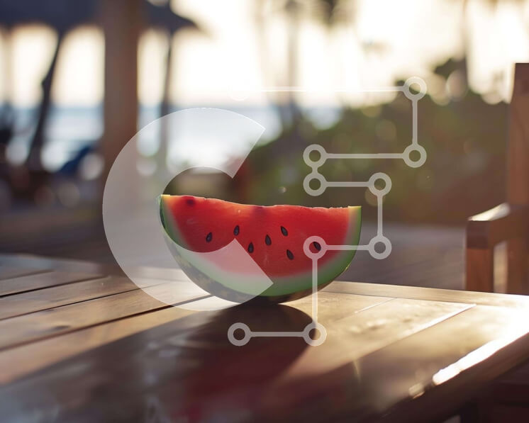 Σετ των 2 Intra Συλλεκτικό Ξύλινο Παζλ Plywood  4mm - Φέτα καρπούζι σε ξύλινο τραπέζι δίπλα στην παραλία Σε Ξύλινο Κουτί - Διαστάσεις: 10x10 cm – 25 κομμάτια