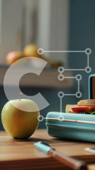 Intra Συλλεκτικό Ξύλινο Παζλ Plywood  4mm - Μπλε κουτί γεύματος και μήλο στο τραπέζι Σε Ξύλινο Κουτί - Διαστάσεις: 10x10 cm – 25 κομμάτια