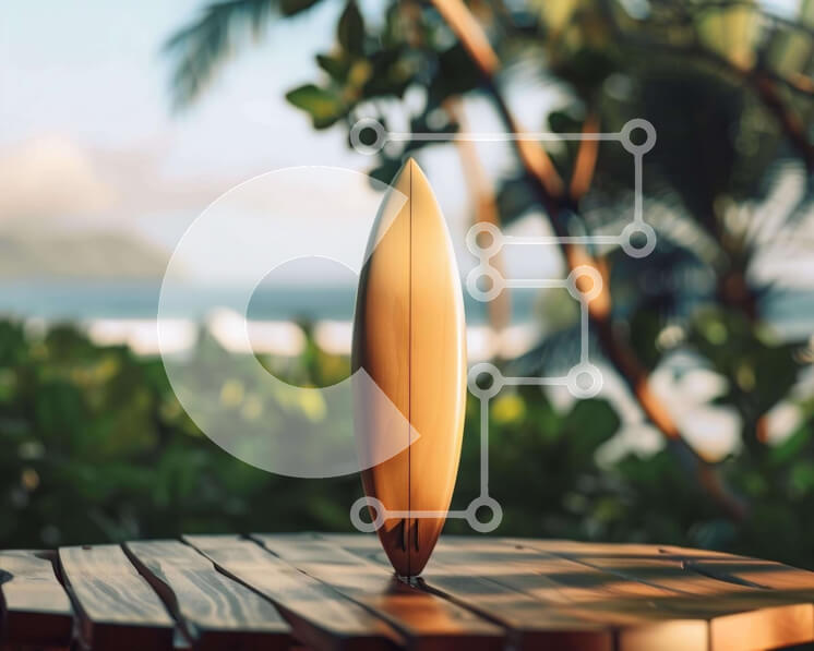 Intra Συλλεκτικό Ξύλινο Παζλ Plywood  4mm - Σανίδα του σερφ σε ξύλινο τραπέζι κοντά στον ωκεανό Σε Ξύλινο Κουτί - Διαστάσεις Puzzle: 10x10 cm – 25 κομμάτια