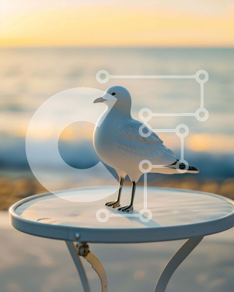 Intra Συλλεκτικό Ξύλινο Παζλ Plywood  4mm - Λευκός Γλάρος σε υπαίθριο τραπέζι κοντά στον ωκεανό Σε Ξύλινο Κουτί - Διαστάσεις: 10x10 cm – 25 κομμάτια