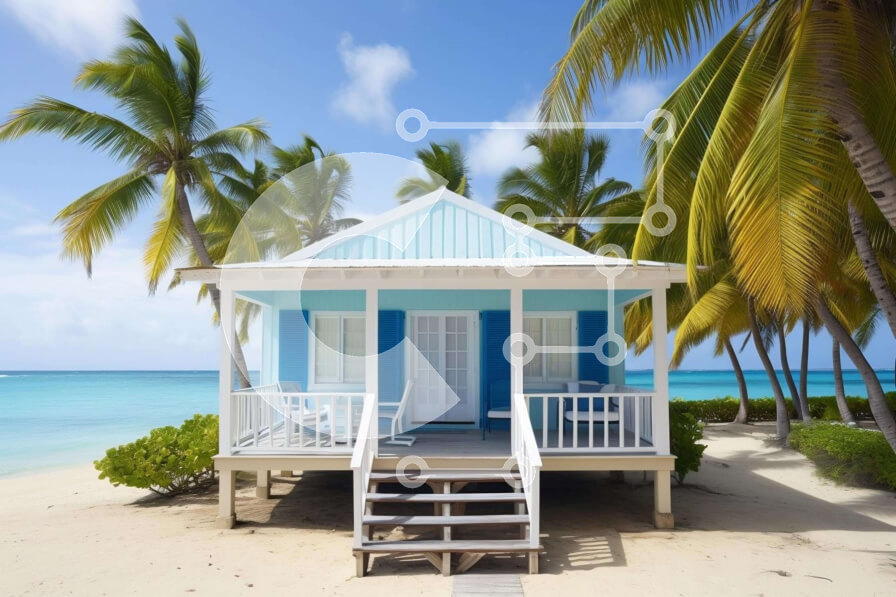 Intra Συλλεκτικό Ξύλινο Παζλ Plywood  4mm - Γαλήνια σκηνή παραλίας με μπλε εξοχική κατοικία και φοίνικες Σε Ξύλινο Κουτί - Διαστάσεις: 10x10 cm – 25 κομμάτια