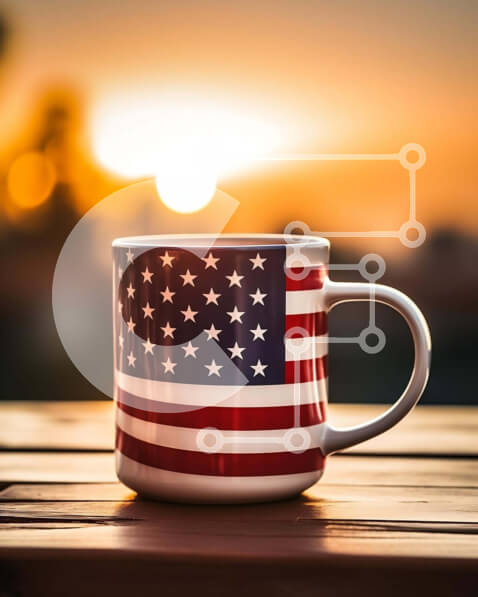 Intra Συλλεκτικό Ξύλινο Παζλ Plywood  4mm - Λευκή κούπα καφέ με μοτίβο αμερικανικής σημαίας στο ηλιοβασίλεμα Σε Ξύλινο Κουτί - Διαστάσεις: 10x10 cm – 25 κομμάτια