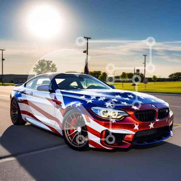 Intra Συλλεκτικό Ξύλινο Παζλ Plywood  4mm - Πατριωτικό σπορ αυτοκίνητο BMW M4 με σχέδιο αμερικανικής σημαίας Σε Ξύλινο Κουτί - Διαστάσεις Puzzle: 10x10 cm – 25 κομμάτια