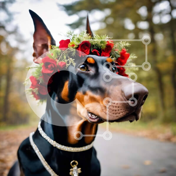 Intra Συλλεκτικό Ξύλινο Παζλ Plywood  4mm - Σκύλος Ντόμπερμαν με στεφάνι λουλουδιών σε εξωτερικούς χώρους Σε Ξύλινο Κουτί - Διαστάσεις: 10x10 cm – 25 κομμάτια