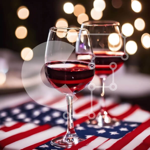 Σετ των 2 Intra Συλλεκτικό Ξύλινο Παζλ Plywood  4mm - Δύο ποτήρια κόκκινο κρασί σε τραπεζομάντιλο αμερικανικής σημαίας Σε Ξύλινο Κουτί - Διαστάσεις: 10x10 cm – 25 κομμάτια