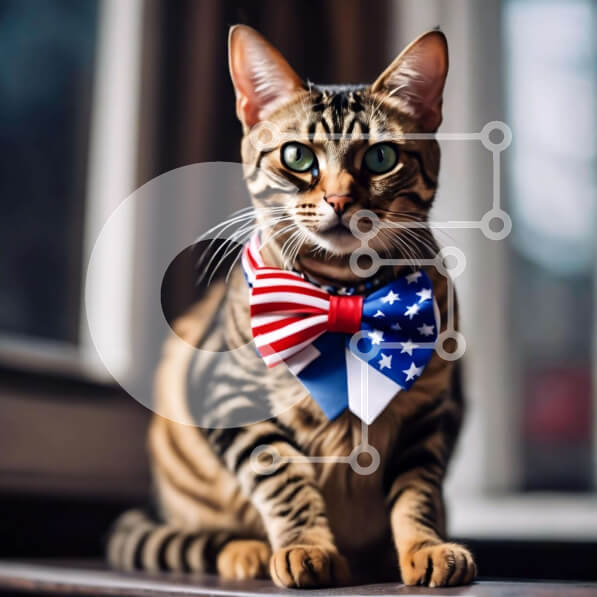 Intra Συλλεκτικό Ξύλινο Παζλ Plywood  4mm - Τιγρέ γάτα με παπιγιόν με αμερικανική σημαία Σε Ξύλινο Κουτί - Διαστάσεις: 10x10 cm – 25 κομμάτια