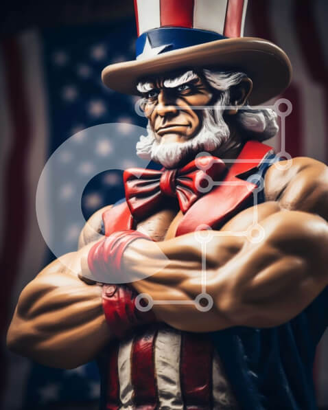 Intra Συλλεκτικό Ξύλινο Παζλ Plywood  4mm - Αμερικανικό άγαλμα θείου με τα χέρια σταυρωμένα μπροστά από τη σημαία των ΗΠΑ Σε Ξύλινο Κουτί - Διαστάσεις Puzzle: 10x10 cm – 25 κομμάτια