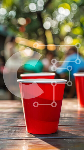 Intra Συλλεκτικό Ξύλινο Παζλ Plywood  4mm - Κόκκινα πλαστικά κύπελλα σε ξύλινο τραπέζι Σε Ξύλινο Κουτί - Διαστάσεις Puzzle: 10x10 cm – 25 κομμάτια