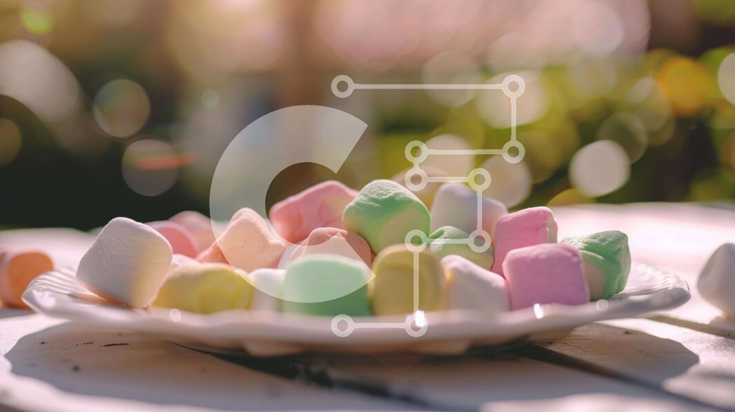 Σετ των 2 Intra Συλλεκτικό Ξύλινο Παζλ Plywood  4mm - Πολύχρωμα Marshmallows και καραμέλα σε ένα άσπρο πιάτο Σε Ξύλινο Κουτί - Διαστάσεις: 10x10 cm – 25 κομμάτια