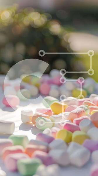 Intra Συλλεκτικό Ξύλινο Παζλ Plywood  4mm - Πολύχρωμα Marshmallows σε λευκό τραπέζι Σε Ξύλινο Κουτί - Διαστάσεις Puzzle: 10x10 cm – 25 κομμάτια