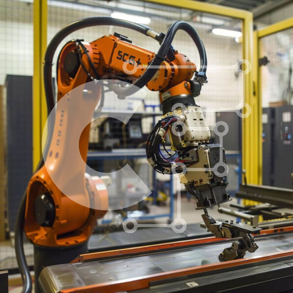 Intra Συλλεκτικό Ξύλινο Παζλ Plywood  4mm - Πορτοκαλί ρομποτικό βραχίονα σε ένα μηχανουργείο Σε Ξύλινο Κουτί - Διαστάσεις Puzzle: 10x10 cm – 25 κομμάτια