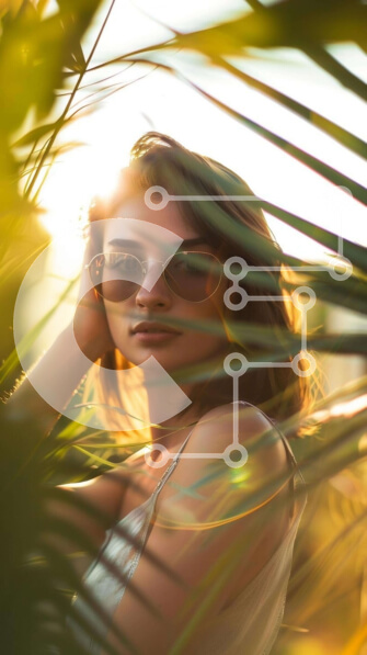 Intra Συλλεκτικό Ξύλινο Παζλ Plywood  4mm - Γυναίκα με γυαλιά ηλίου ανάμεσα σε φύλλα φοίνικα Σε Ξύλινο Κουτί - Διαστάσεις Puzzle: 10x10 cm – 25 κομμάτια