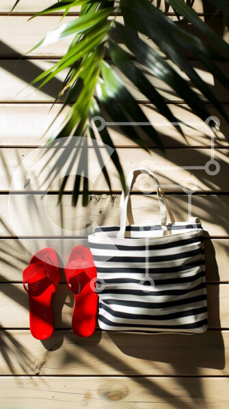 Intra Συλλεκτικό Ξύλινο Παζλ Plywood  4mm - Ζευγάρι κόκκινες σαγιονάρες και ριγέ τσάντα με φοίνικα Σε Ξύλινο Κουτί - Διαστάσεις Puzzle: 10x10 cm – 25 κομμάτια