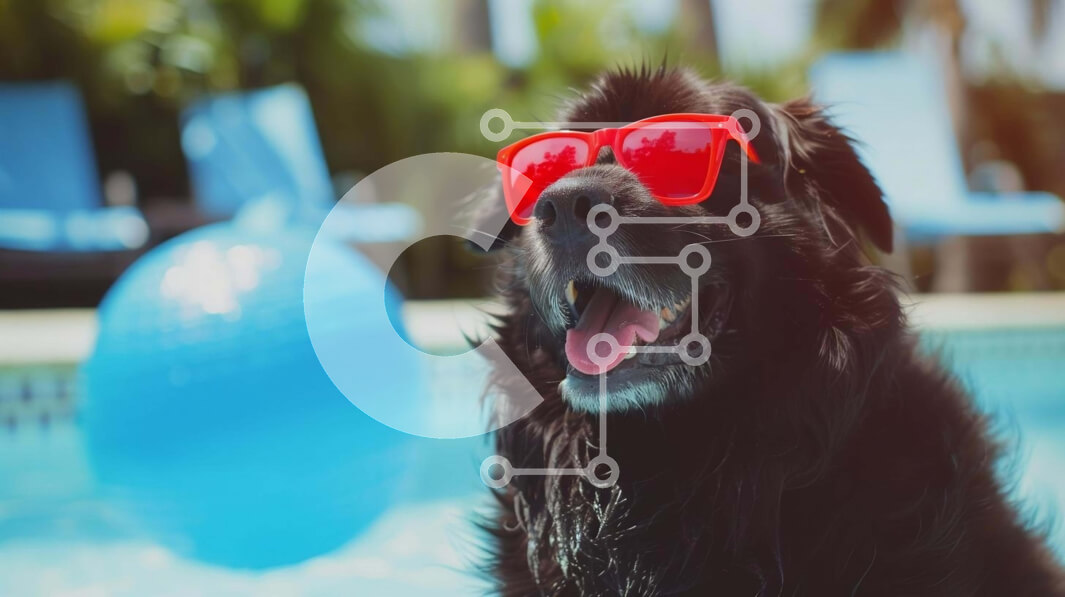 Intra Συλλεκτικό Ξύλινο Παζλ Plywood  4mm - Μαύρος σκύλος με κόκκινα γυαλιά ηλίου στην πισίνα Σε Ξύλινο Κουτί - Διαστάσεις: 10x10 cm – 25 κομμάτια