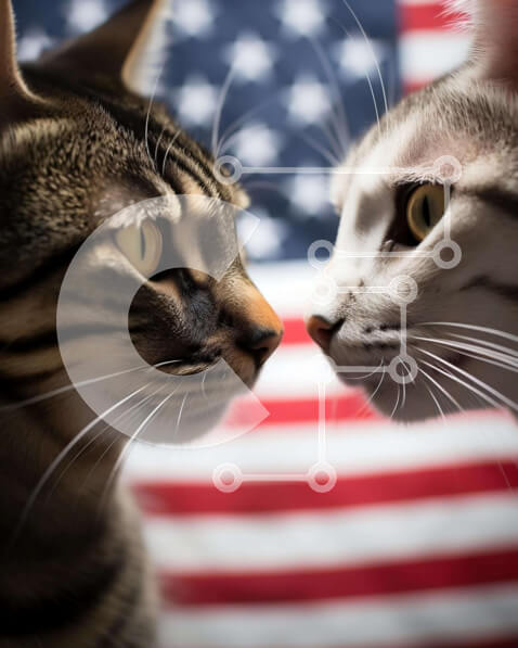 Σετ των 2 Intra Συλλεκτικό Ξύλινο Παζλ Plywood  4mm - Δύο γάτες που παίζουν μπροστά από το φόντο της αμερικανικής σημαίας Σε Ξύλινο Κουτί - Διαστάσεις: 10x10 cm – 25 κομμάτια