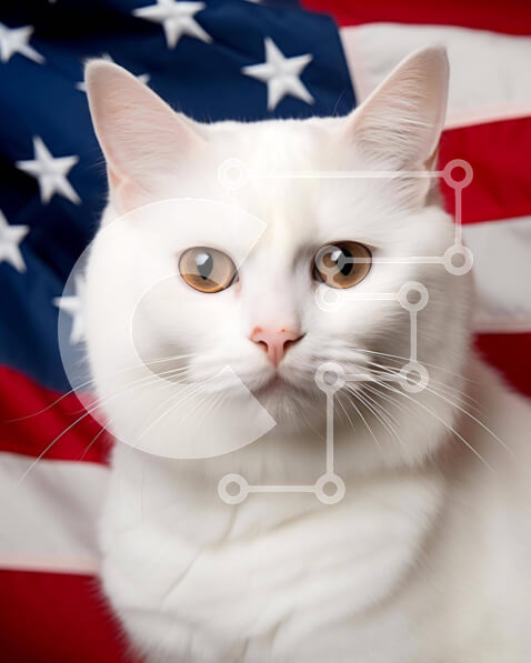 Σετ των 2 Intra Συλλεκτικό Ξύλινο Παζλ Plywood  4mm - Λευκή γάτα μπροστά από την αμερικανική σημαία Σε Ξύλινο Κουτί - Διαστάσεις: 10x10 cm – 25 κομμάτια