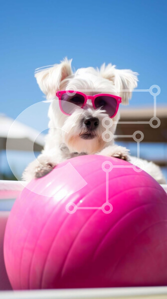 Σετ των 2 Intra Συλλεκτικό Ξύλινο Παζλ Plywood  4mm - Λευκός σκύλος με ροζ γυαλιά ηλίου σε ροζ μπάλα στην πισίνα Σε Ξύλινο Κουτί - Διαστάσεις: 10x10 cm – 25 κομμάτια