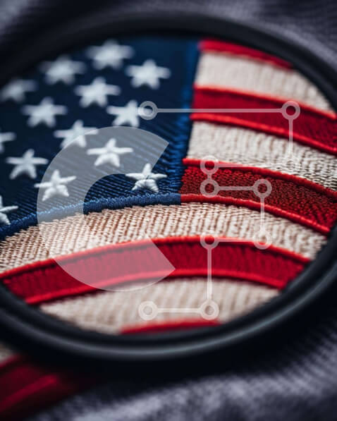 Intra Συλλεκτικό Ξύλινο Παζλ Plywood  4mm - Κεντημένο μπάλωμα με αμερικανική σημαία σε ένδυμα Σε Ξύλινο Κουτί - Διαστάσεις Puzzle: 10x10 cm – 25 κομμάτια