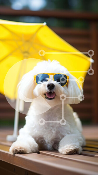 Intra Συλλεκτικό Ξύλινο Παζλ Plywood  4mm - Λευκό σκυλί κάτω από την κίτρινη ομπρέλα στο ξύλινο κατάστρωμα Σε Ξύλινο Κουτί - Διαστάσεις Puzzle: 10x10 cm – 25 κομμάτια