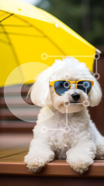 Intra Συλλεκτικό Ξύλινο Παζλ Plywood  4mm - Μικρό λευκό σκυλί με γυαλιά ηλίου κάτω από την ομπρέλα Σε Ξύλινο Κουτί - Διαστάσεις Puzzle: 10x10 cm – 25 κομμάτια