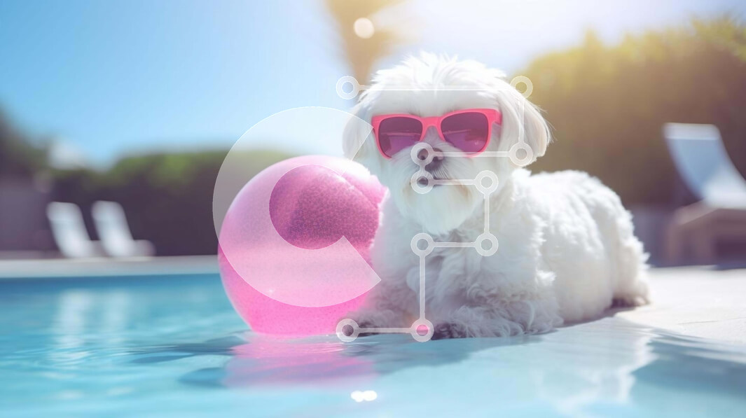 Σετ των 2 Intra Συλλεκτικό Ξύλινο Παζλ Plywood  4mm - Λευκός σκύλος σε πισίνα με ροζ μπάλα και γυαλιά ηλίου Σε Ξύλινο Κουτί - Διαστάσεις: 10x10 cm – 25 κομμάτια