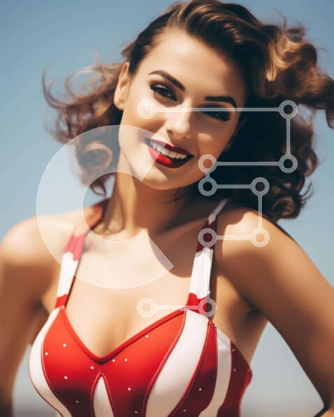 Intra Συλλεκτικό Ξύλινο Παζλ Plywood  4mm - Όμορφη γυναίκα με κόκκινο και άσπρο μπικίνι στην παραλία Σε Ξύλινο Κουτί - Διαστάσεις Puzzle: 10x10 cm – 25 κομμάτια